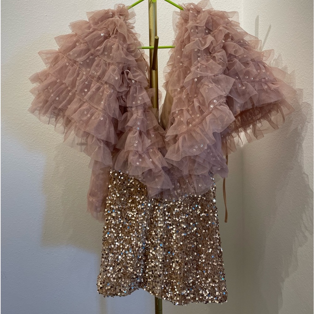 Rose gold/ peach over exaggerating dress with sequins details.